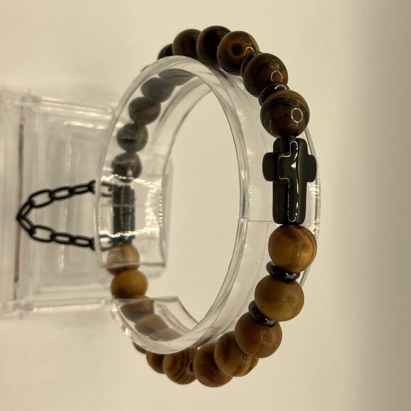 Tiger Eye and Wooden Beaded Bracelet with Stainless Steel Cross + Magnet clasp - Picture 1 of 10